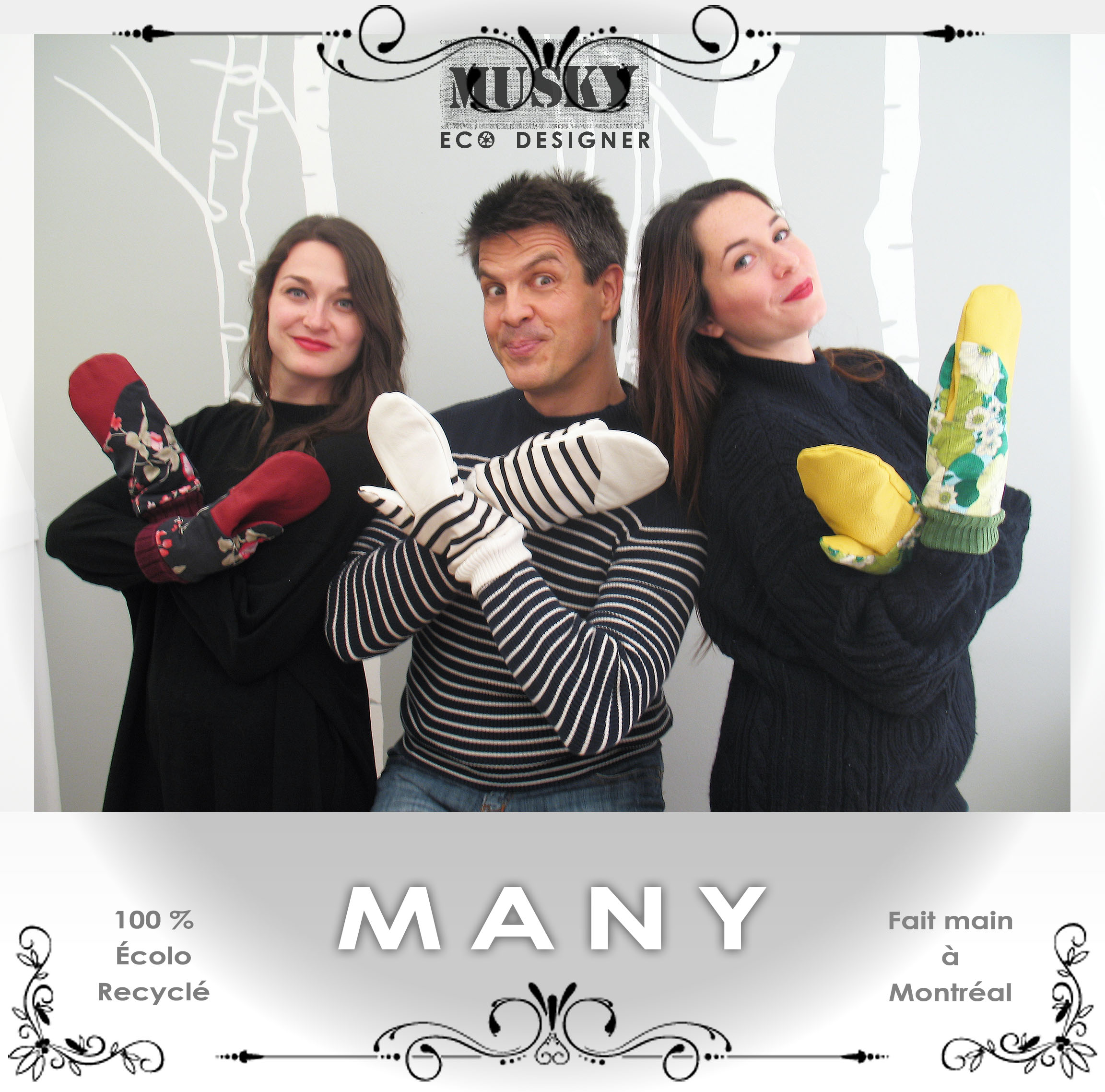 Musky Éco-Designer, collection hiver 2015. MANY – Mitaines unisexes faites de cuir et de chandails revalorisés, doublées en polar / XS – S – M – L