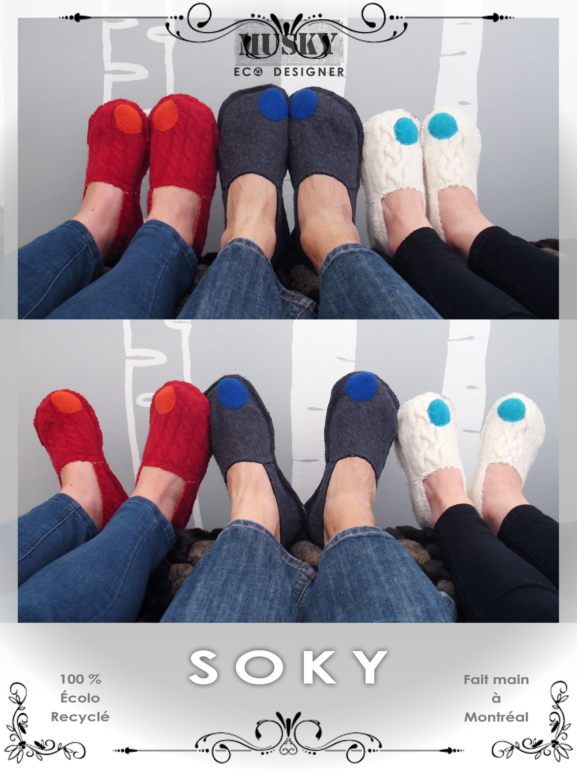 Musky Éco-Designer, collection hiver 2015. SOKY – Pantoufles faites de laine bouillie, d'une semelle de cuir et de polar recyclés / 6/7 – 8/9 – 10/11 – 10/11H – 12/13H