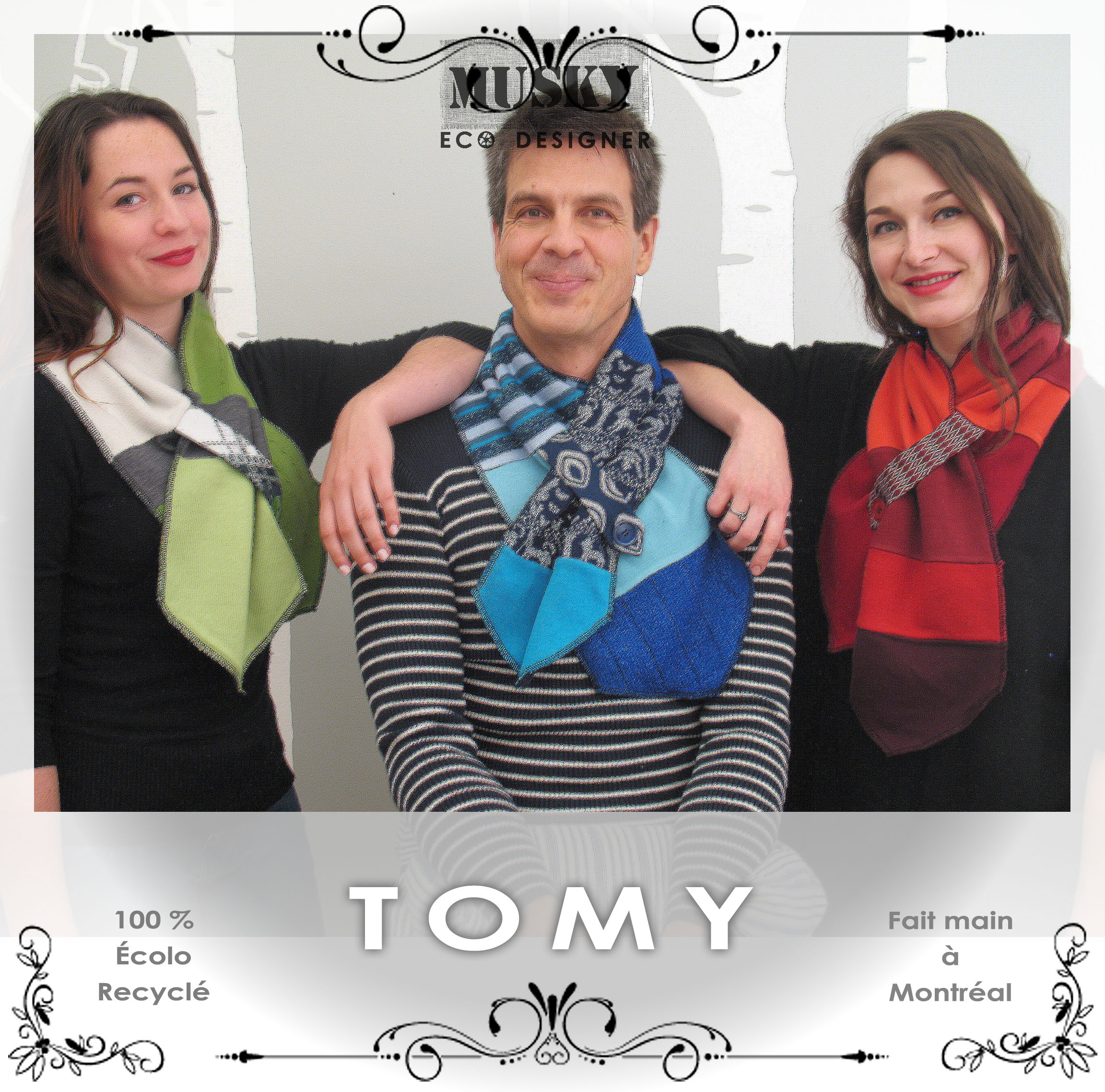 Musky Éco-Designer, collection hiver 2015. TOMY – Foulard fait de chandails, d'une cravate et d'un bouton, doublé en T-shirts recyclés / Taille unique